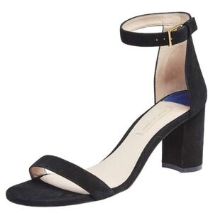 Stuart Weitzman 75 Less Nudist Black Suede Ankle Strap Sandal Block Heel Sz 10M
